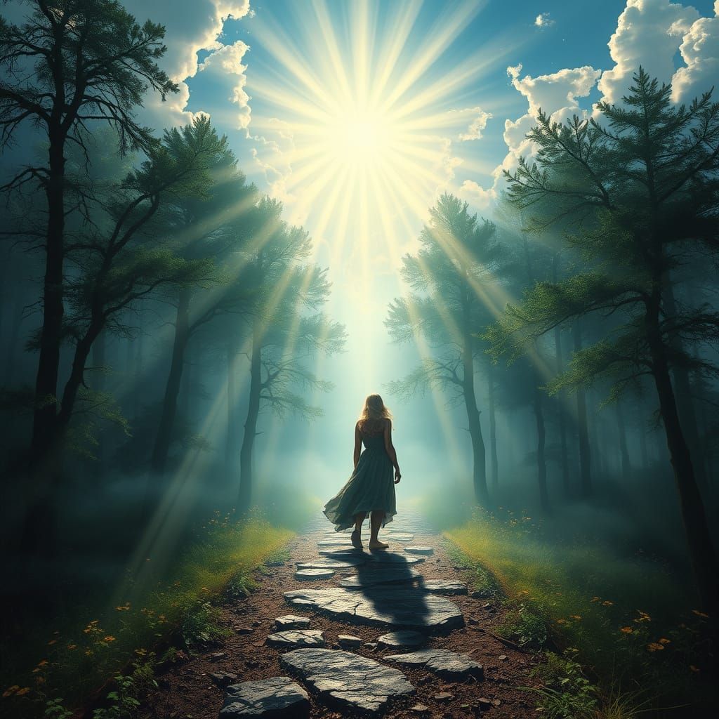 Surreal Traveler Embraces Cosmic Harmony at the Crossroads