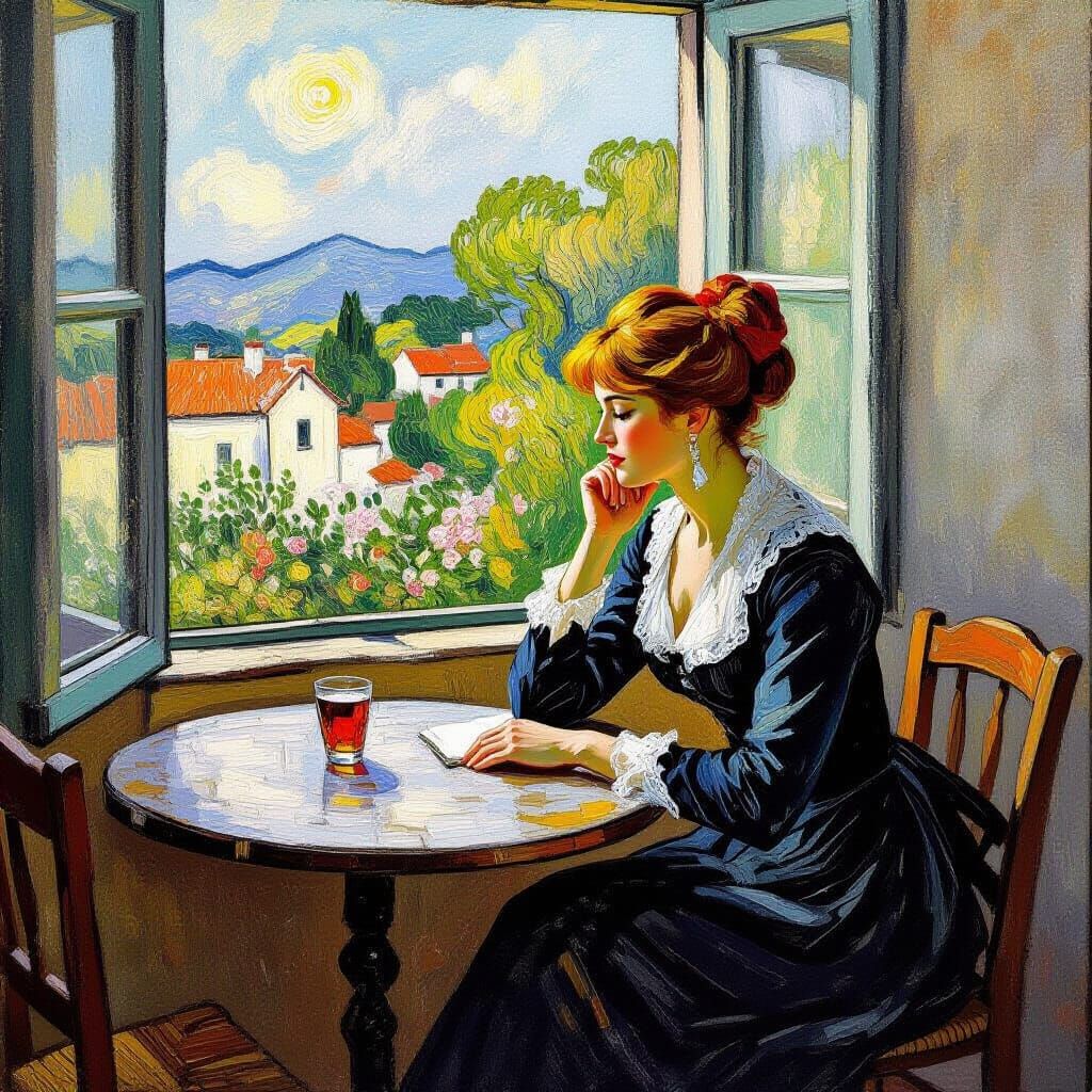 Woman Gazing Out Window in Impasto Style