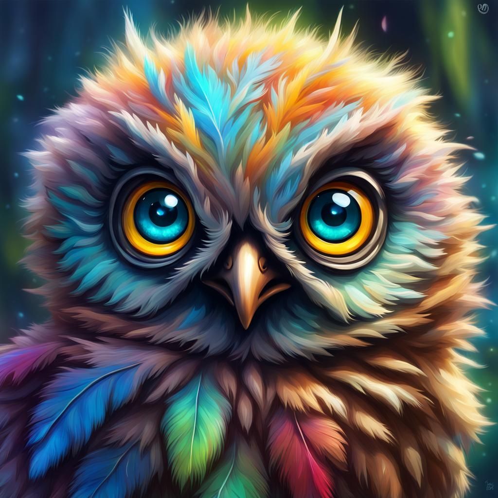 Colorful Fluffy Baby Owl in Impasto Oil Painting