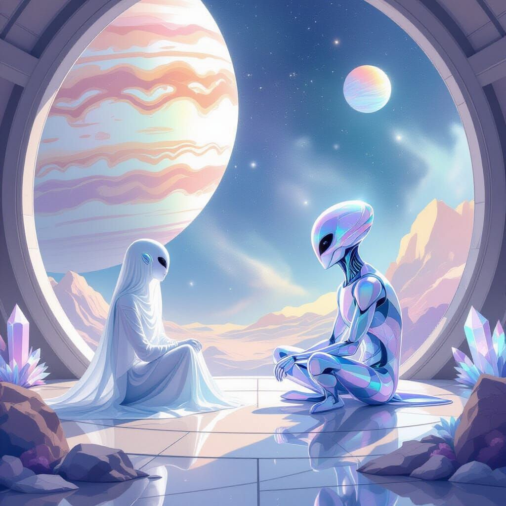 Interstellar Meeting of Civilizations in Watercolor Style