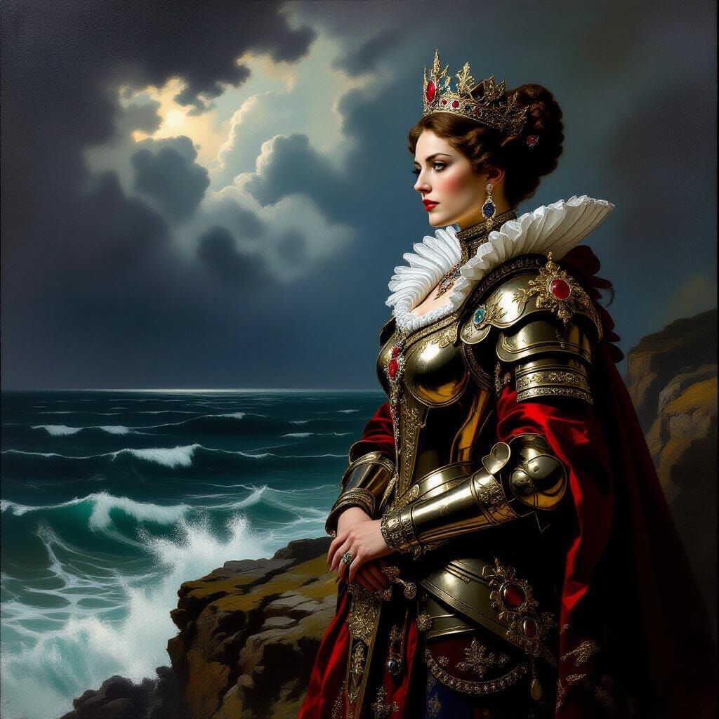 Regal Queen on Stormy Cliff in Painterly Style