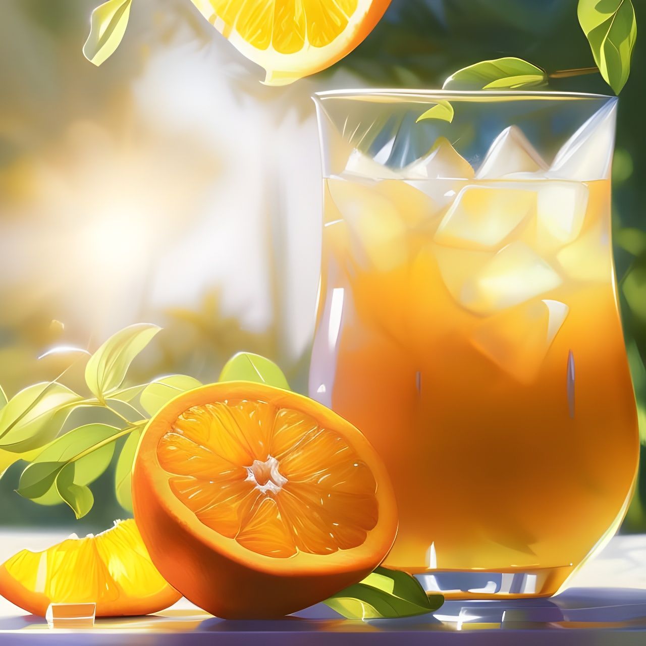 Orange Juice with Ice in Summer Garden