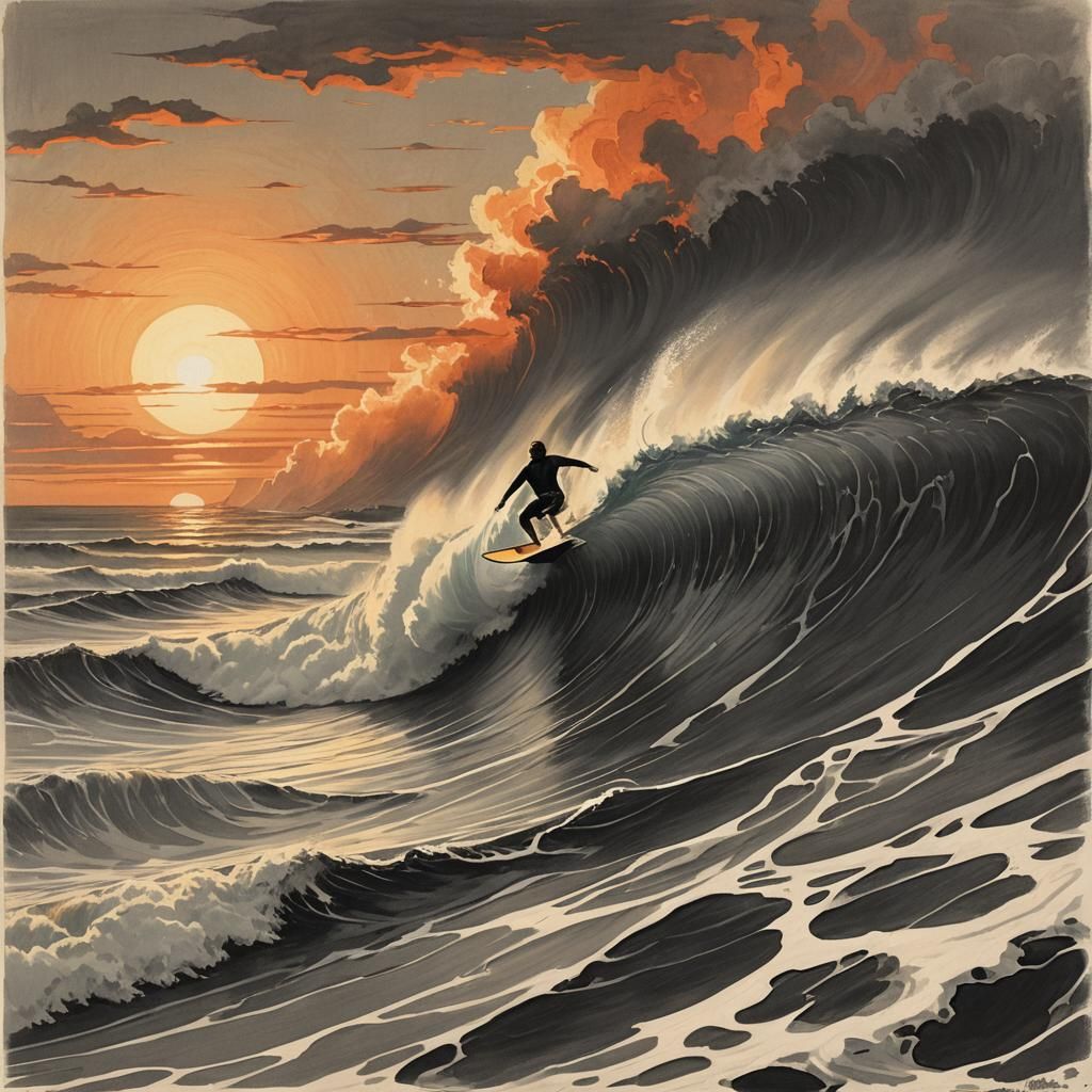 Retro Surfer Rides a Wave in Warm Sunset Glow