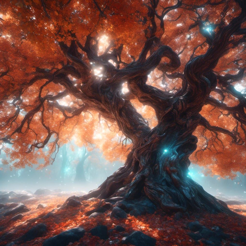 Magical Everglow Tree in Autumn Landscape