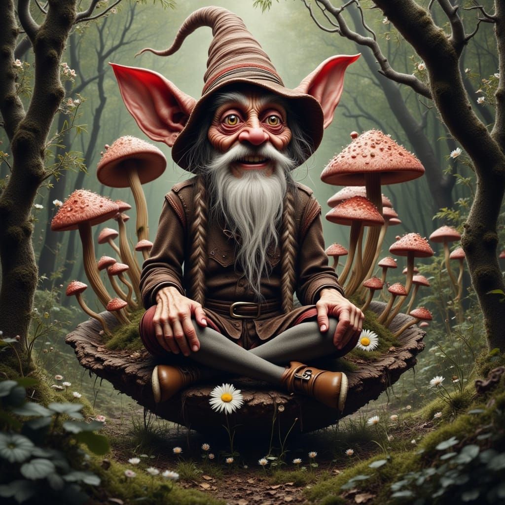 Gnome on Toadstool in Hyperrealistic Oil Painting Style