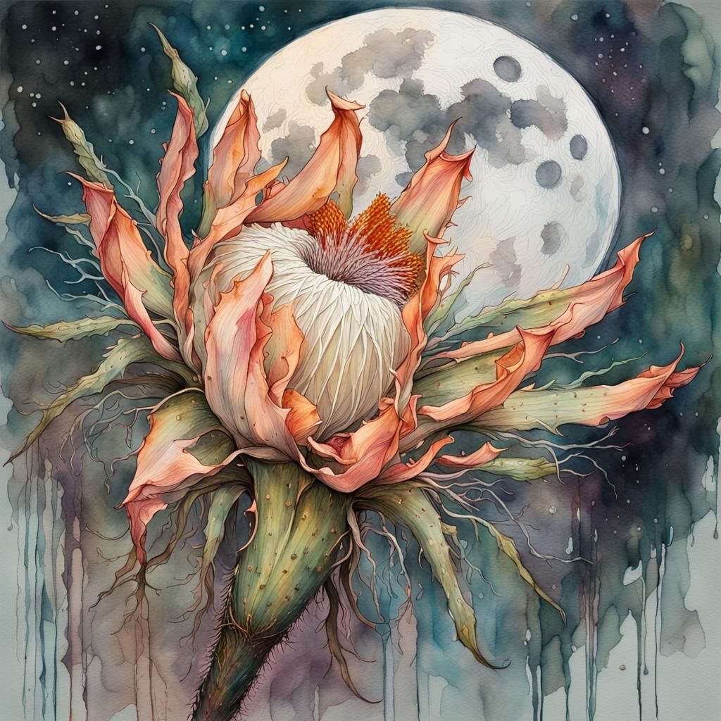 Night-Blooming Cereus in Watercolor Under Moonlight