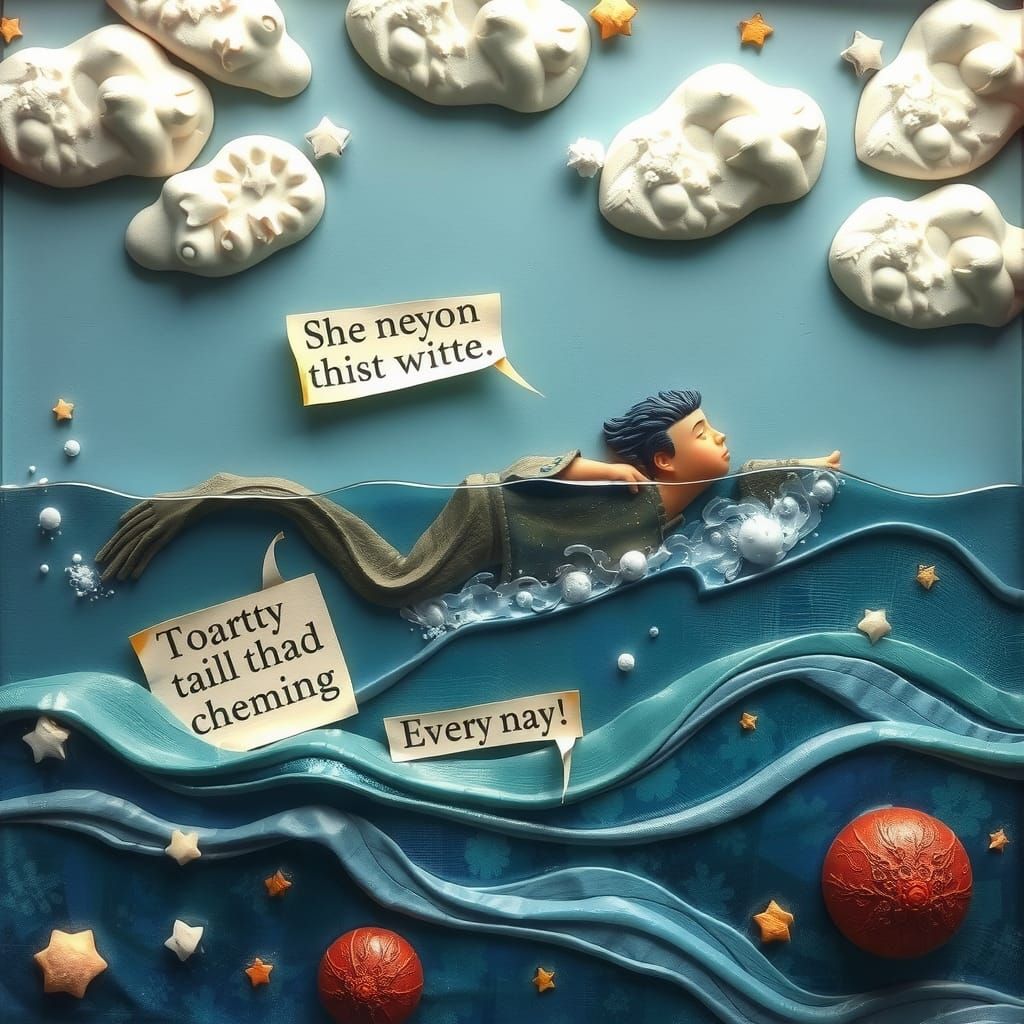 Man Skywriting Messages in Ocean, Folk Art Style