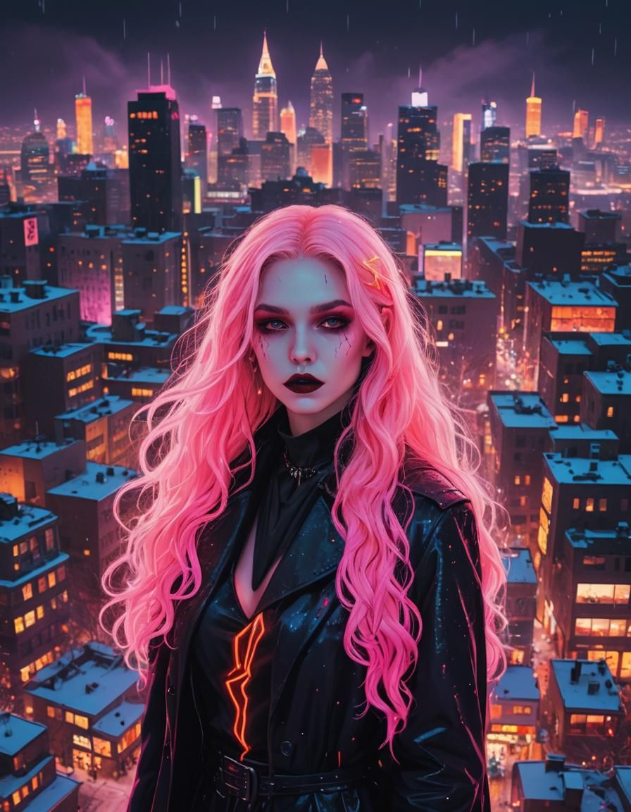 Vampire Witch in Neon Cityscape with Sparks
