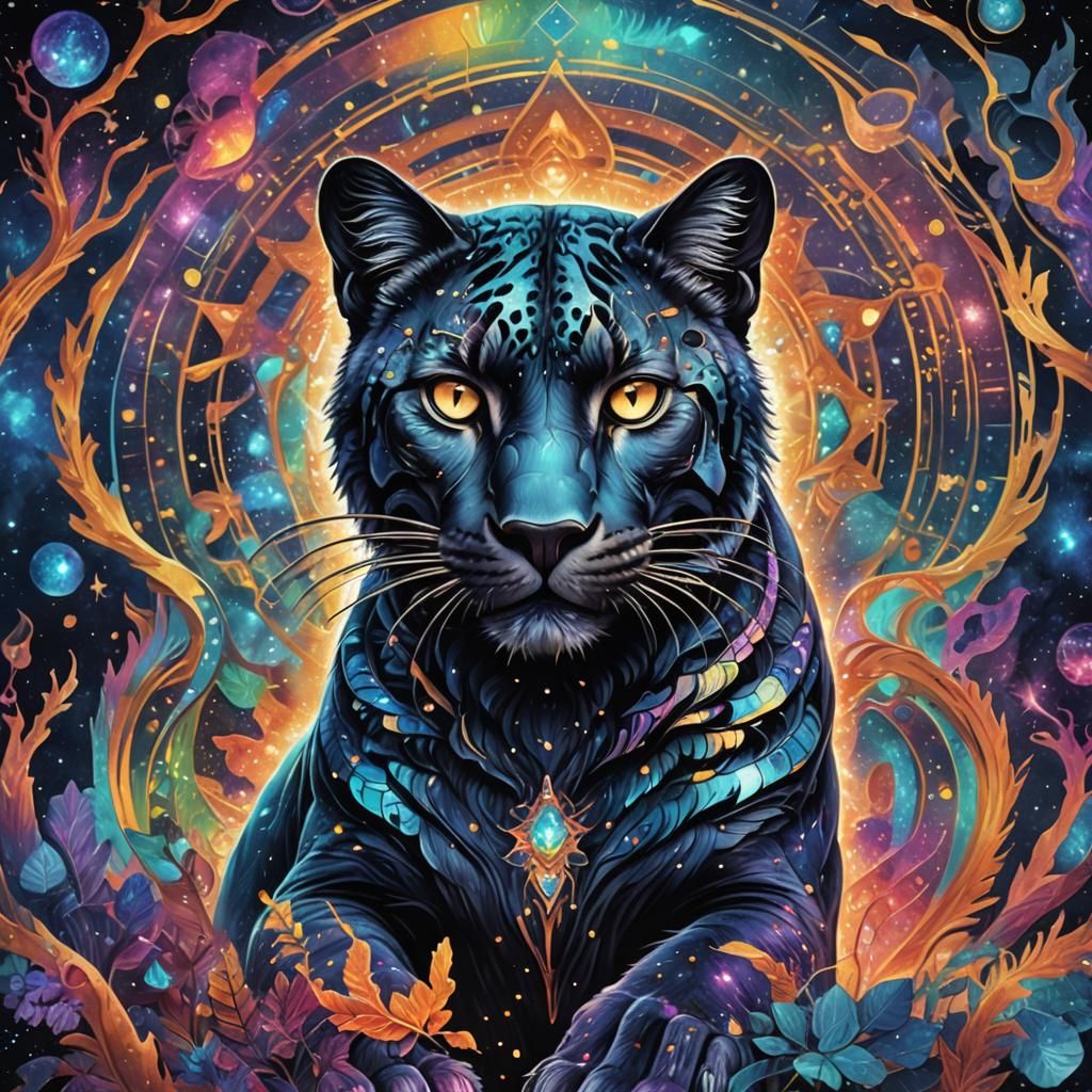Feline-Panther Hybrid Creature in Astral Illustration