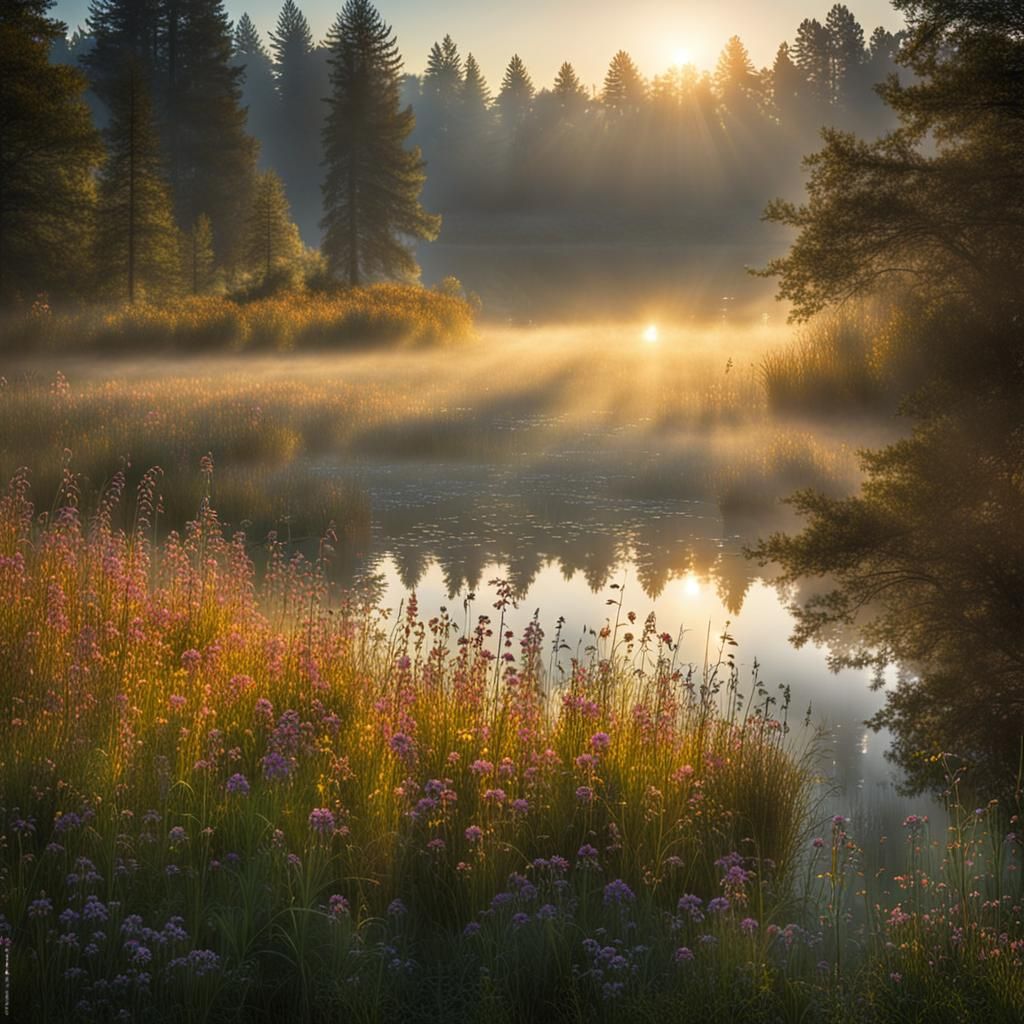 Magical Sunrise Over Misty Lake Photograph