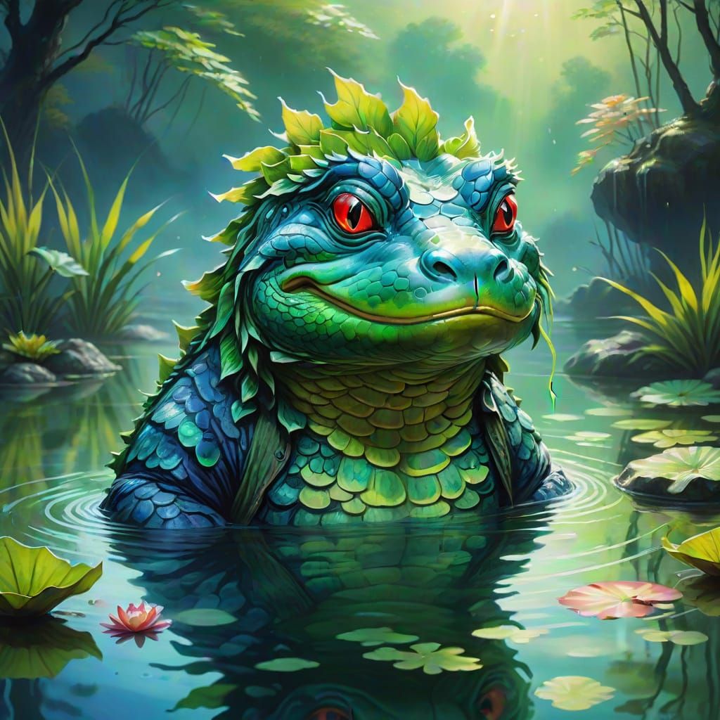 Kappa in Pond: A Vibrant Oil Painting