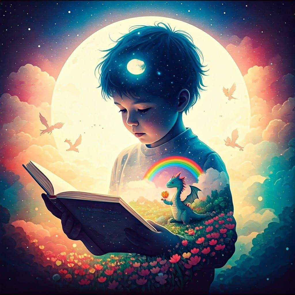 Child Reading Dragon Book in Dreamlike Landscape