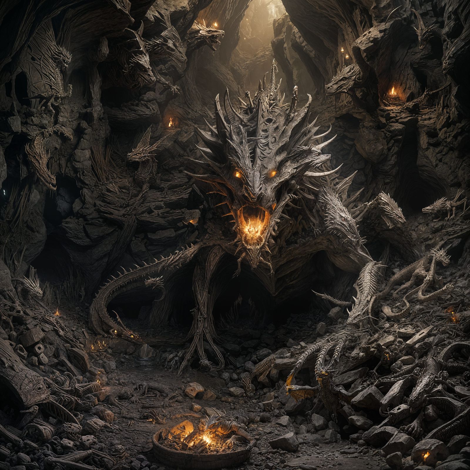 Skeletal Dragon in Bone-Strewn Cave