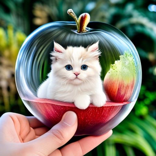 Kitten Inside Glass Apple Holding Loveheart