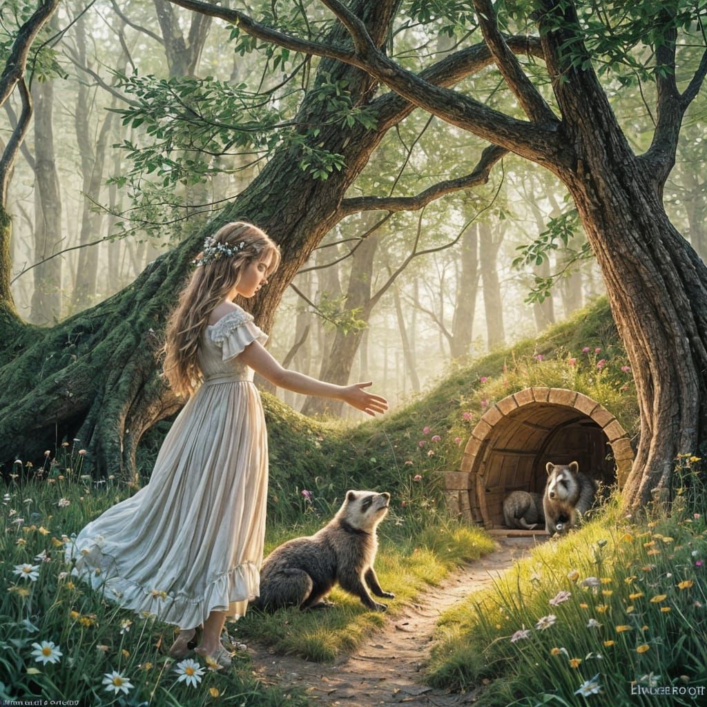 Blonde Girl Befriends Badger in Whimsical Dawn Fantasy Scene