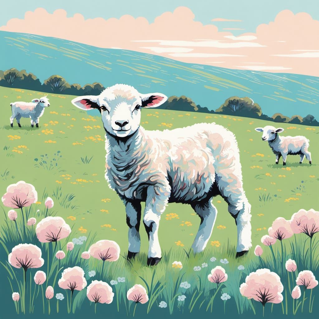 Spring lamb pastural scene Screen print pastel colours