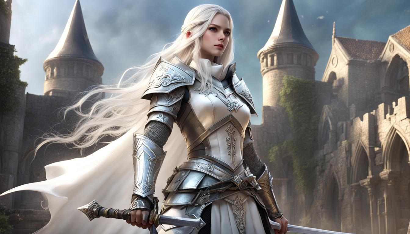 Fantasy Knight Girl in Ruins with Sword