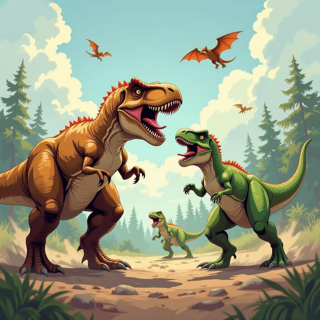 T-Rex vs Raptors in Comic Book Art Style