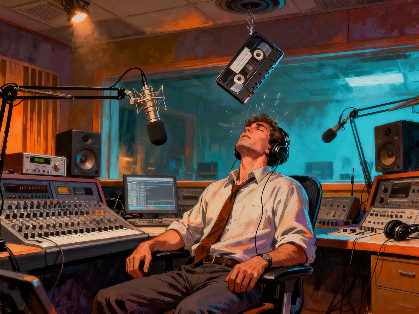 Radio Host Hit by VHS Tape in Surreal Airbrush Art