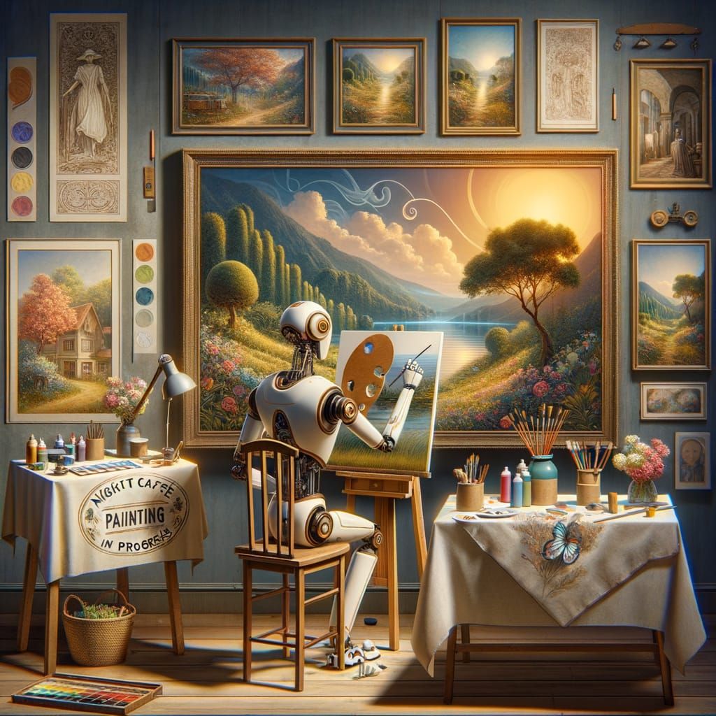 Robot Artist Painting a Landscape in Oil Paint