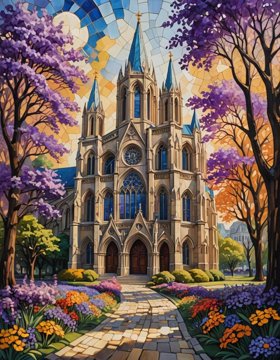 Surreal Cathedral with Violet Flower, Dreamlike Oil Painting