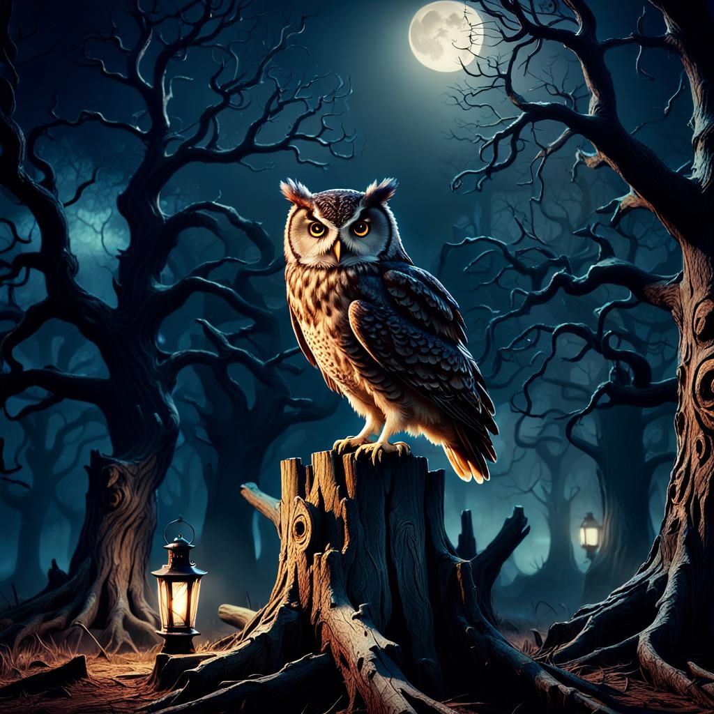 Wise Owl on Oak Stump in Moonlight