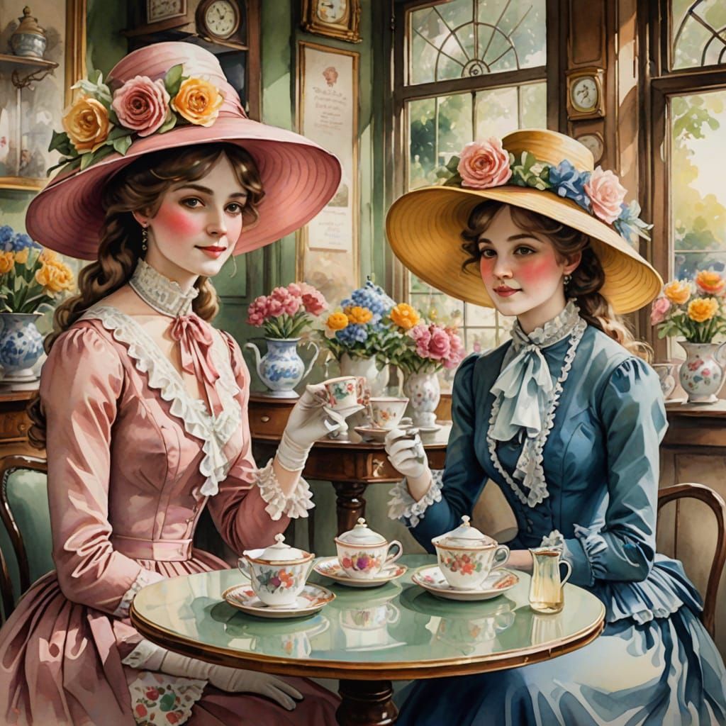 Victorian Ladies Enjoy Tea in Whimsical Watercolor Style