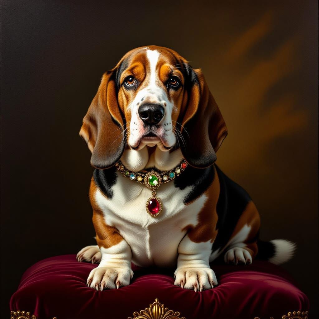 Regal Basset Hound in Royal Portrait Style