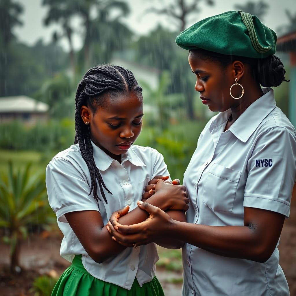 Distressed Student Aided in Rain, Hyperrealistic Style