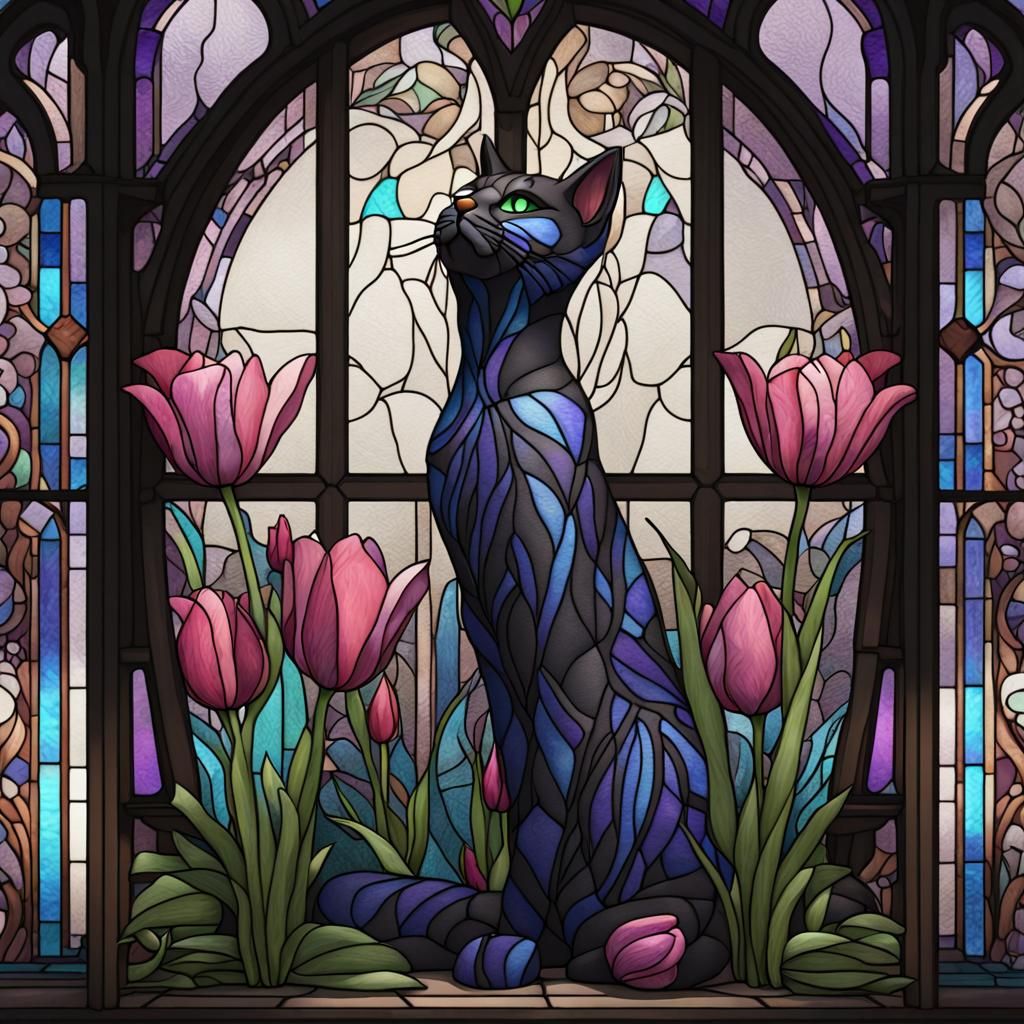 Stained Glass Black Cat with Tulips