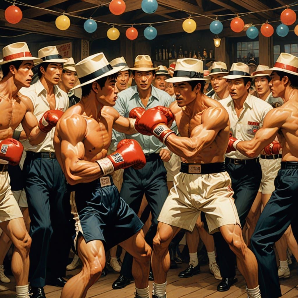 Boxing Match at Party, Vintage Illustration