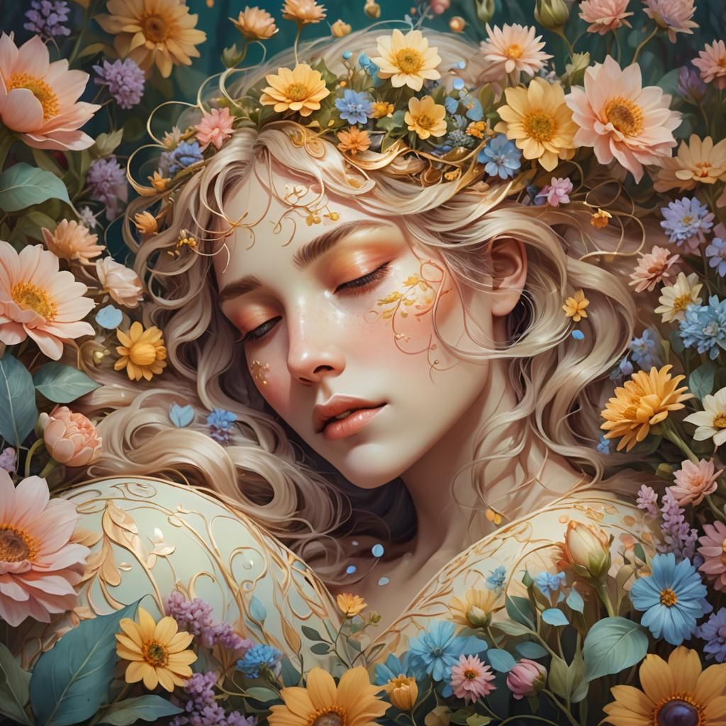 Woman Monster Asleep Among Flowers: Whimsical Portrait