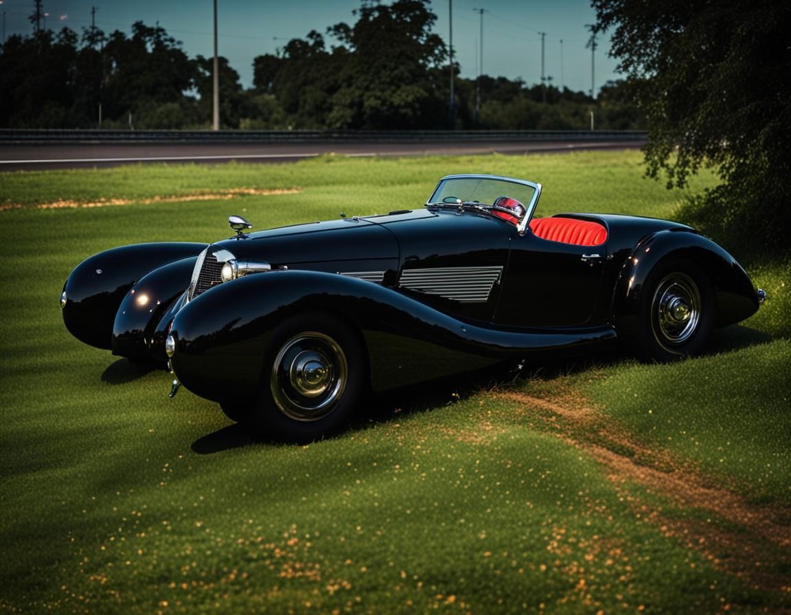 Retro Black Coupe on Freeway at Dusk