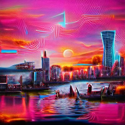 Astral Cityscape Sunset in Synthwave Neon Style