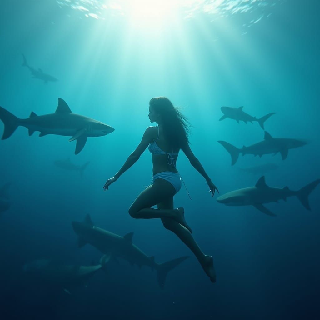 Woman Swims Fearlessly With Bull Sharks in Deep Ocean