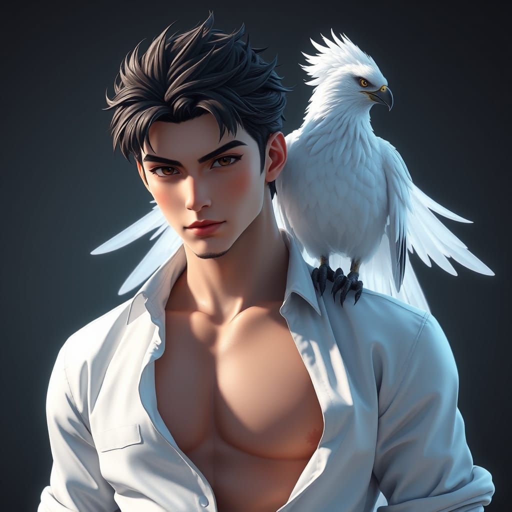 Majestic Young Warrior with Phoenix Companion in Anime-Inspi...