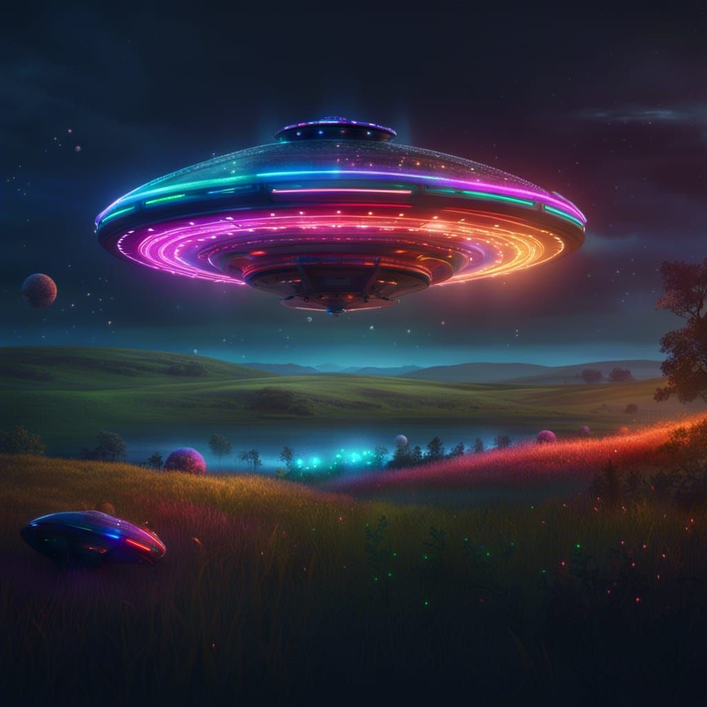 UFO with Multicolored Lights in Field