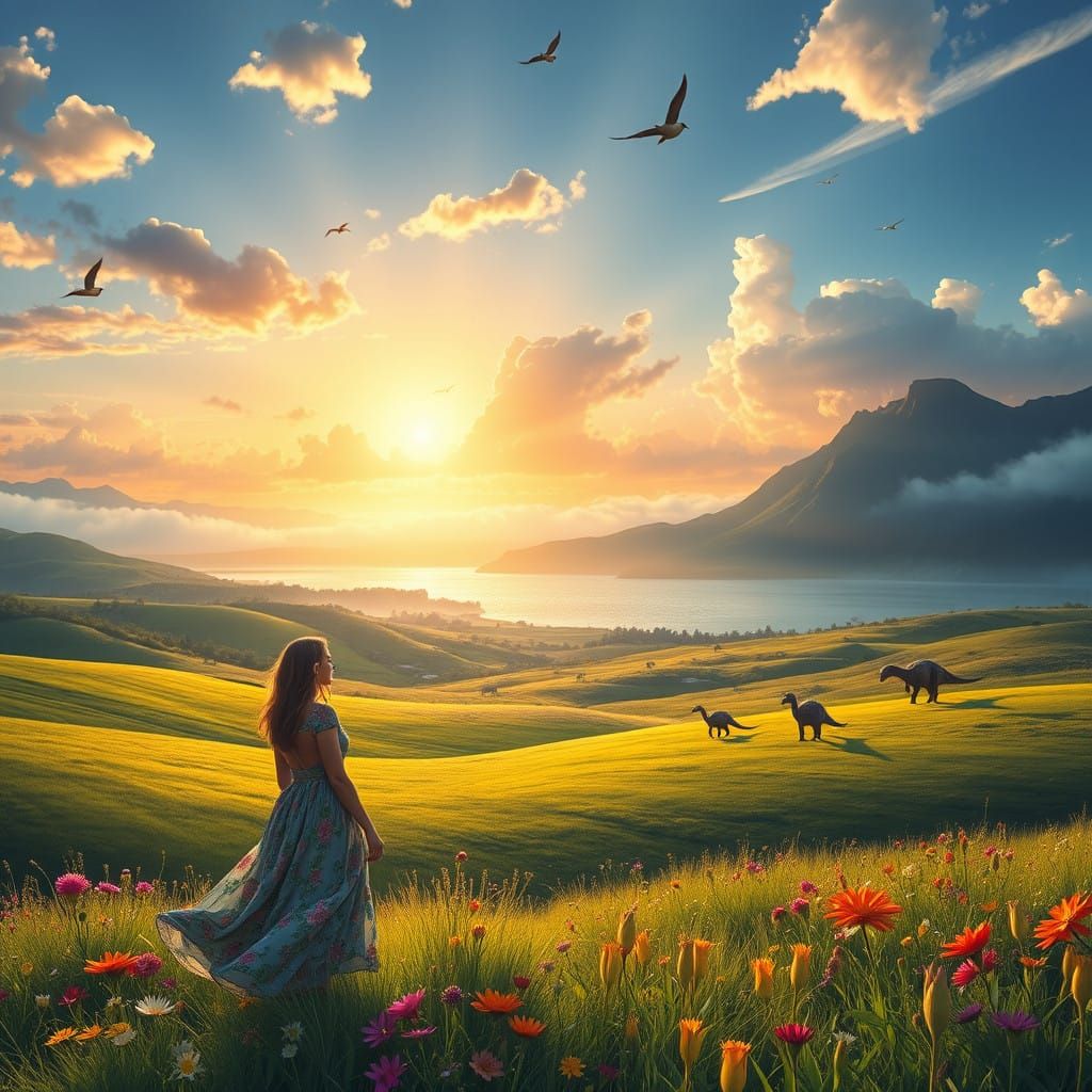 Dreamy Dinosaur Landscape in Whimsical, Romantic Style