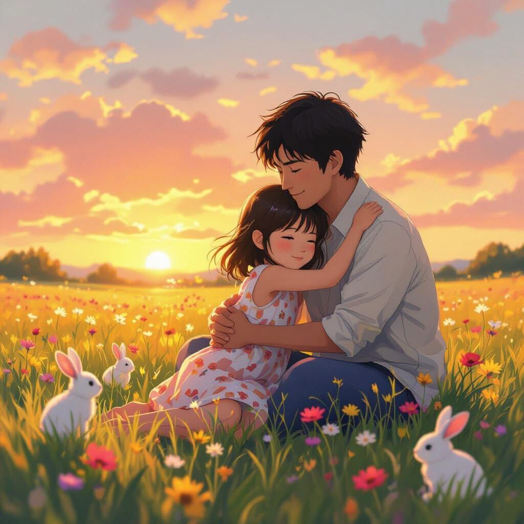 Girl and Father in Meadow, Anime and Impressionist Style