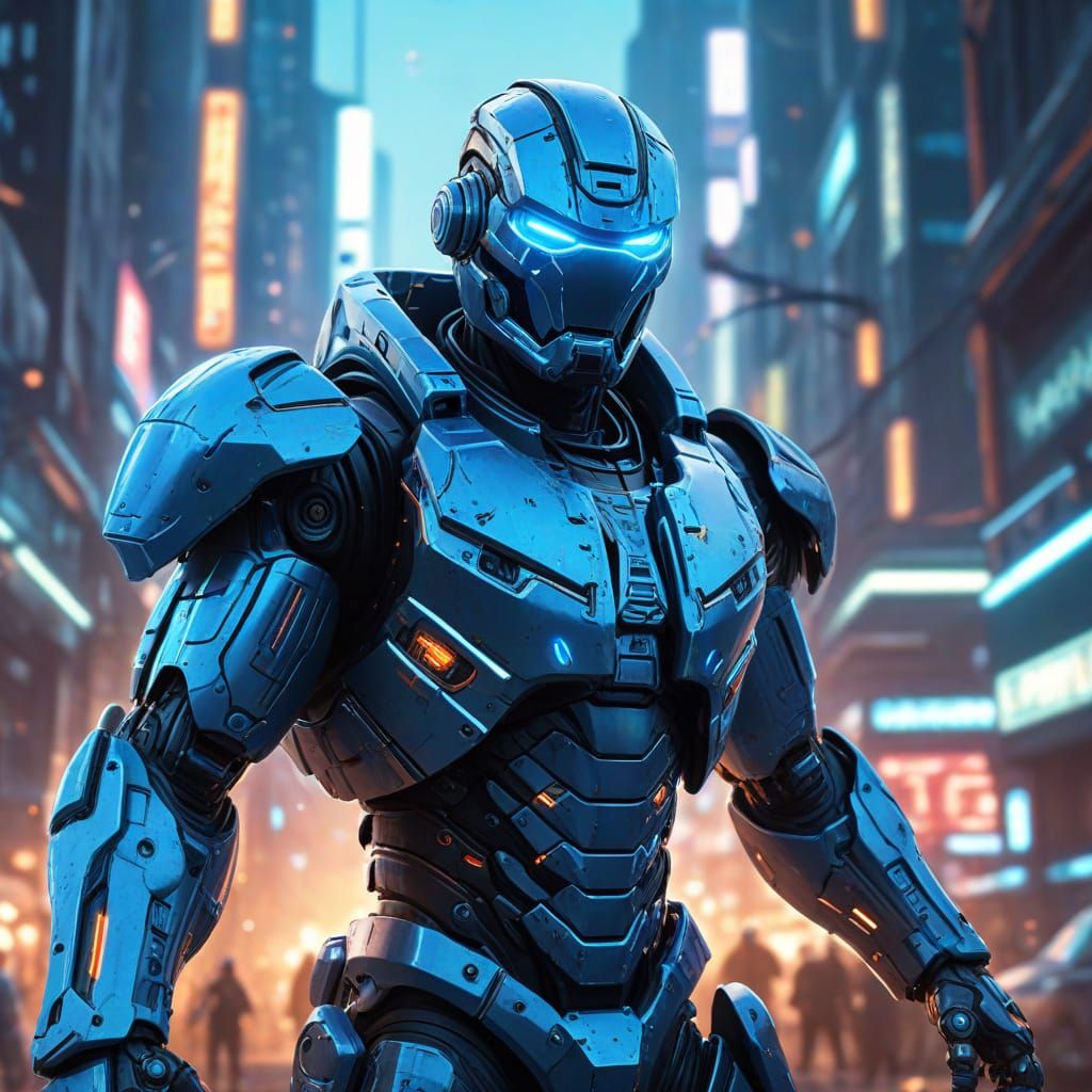 Space Warrior Battles Robots in Sci-Fi City