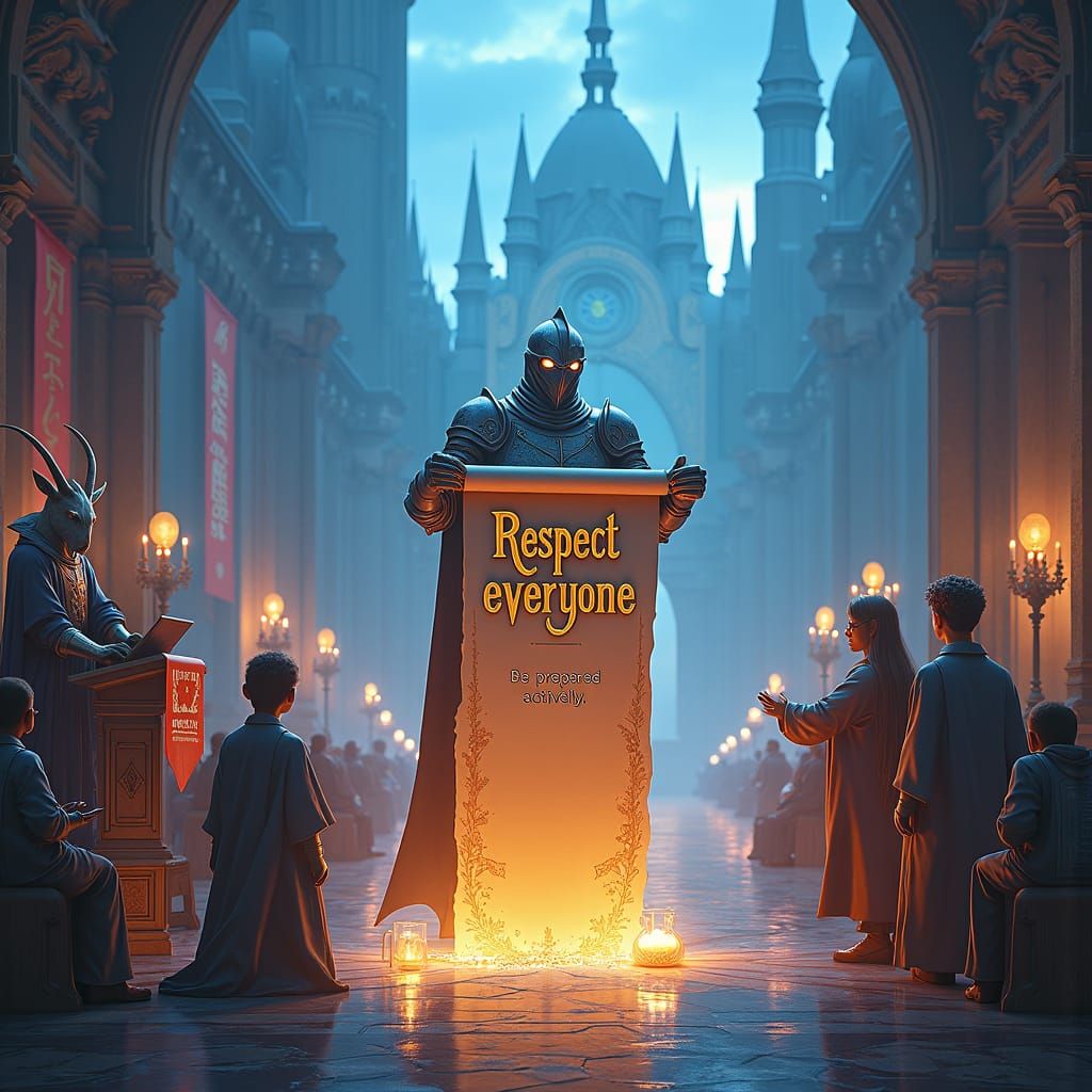 Ethereal Castle Realm With Knight and Glowing Orbs