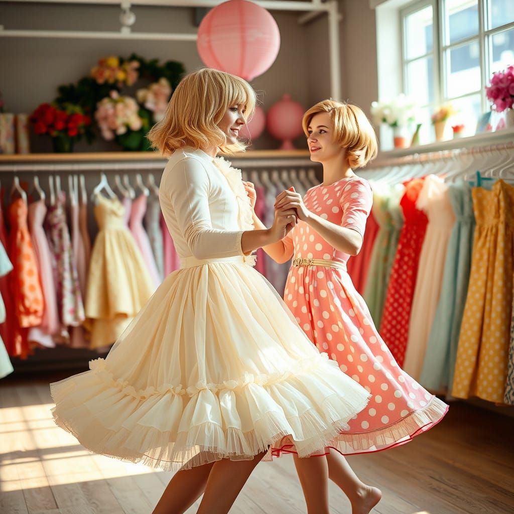 Young Man Dances with Woman in Whimsical Easter Dress Shop
