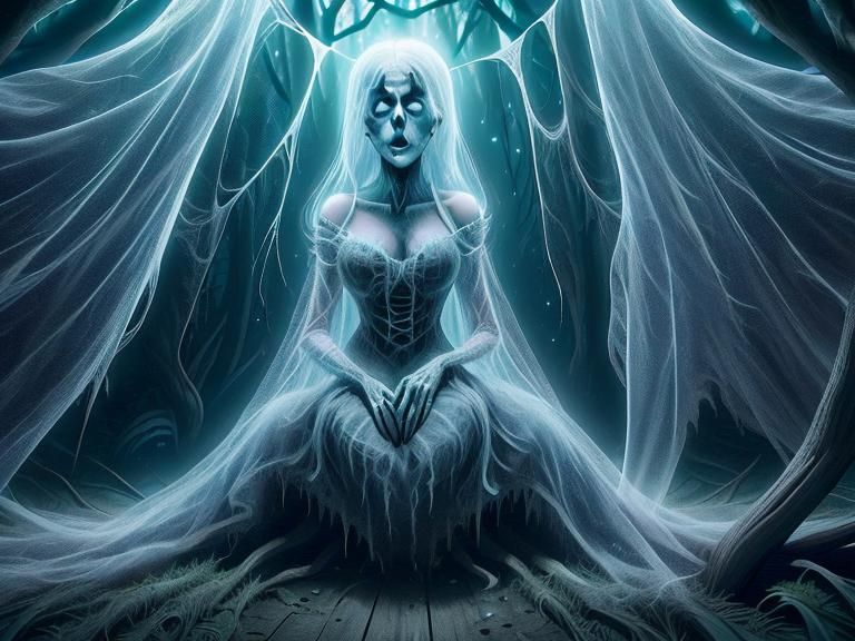 Woman Trapped in Spiderweb in Enchanted Forest