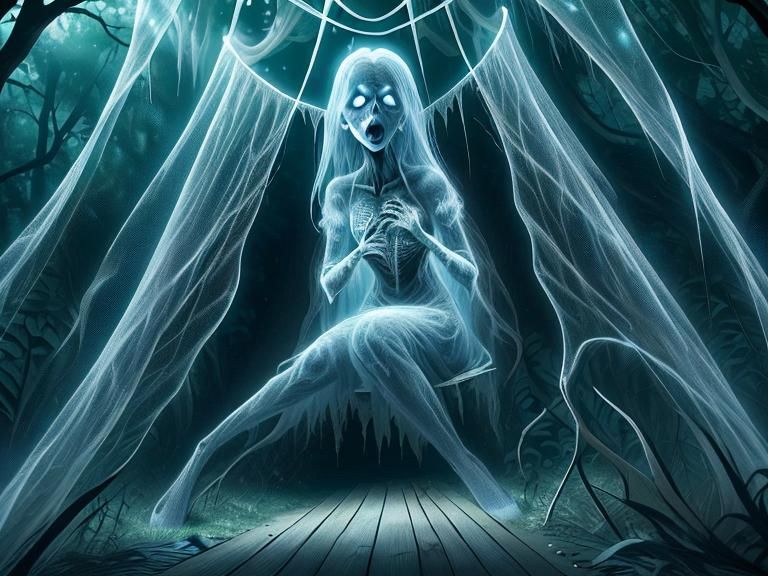 Woman in Spiderweb in Enchanted Forest