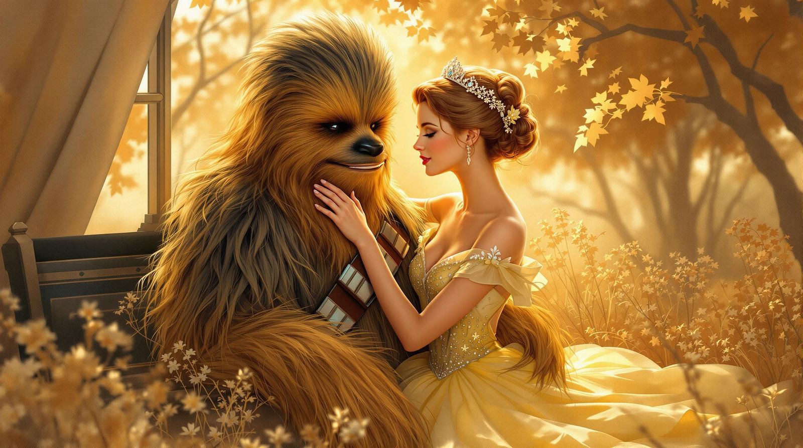 Glamorous Belle and Chewbacca in a Whimsical Portrait