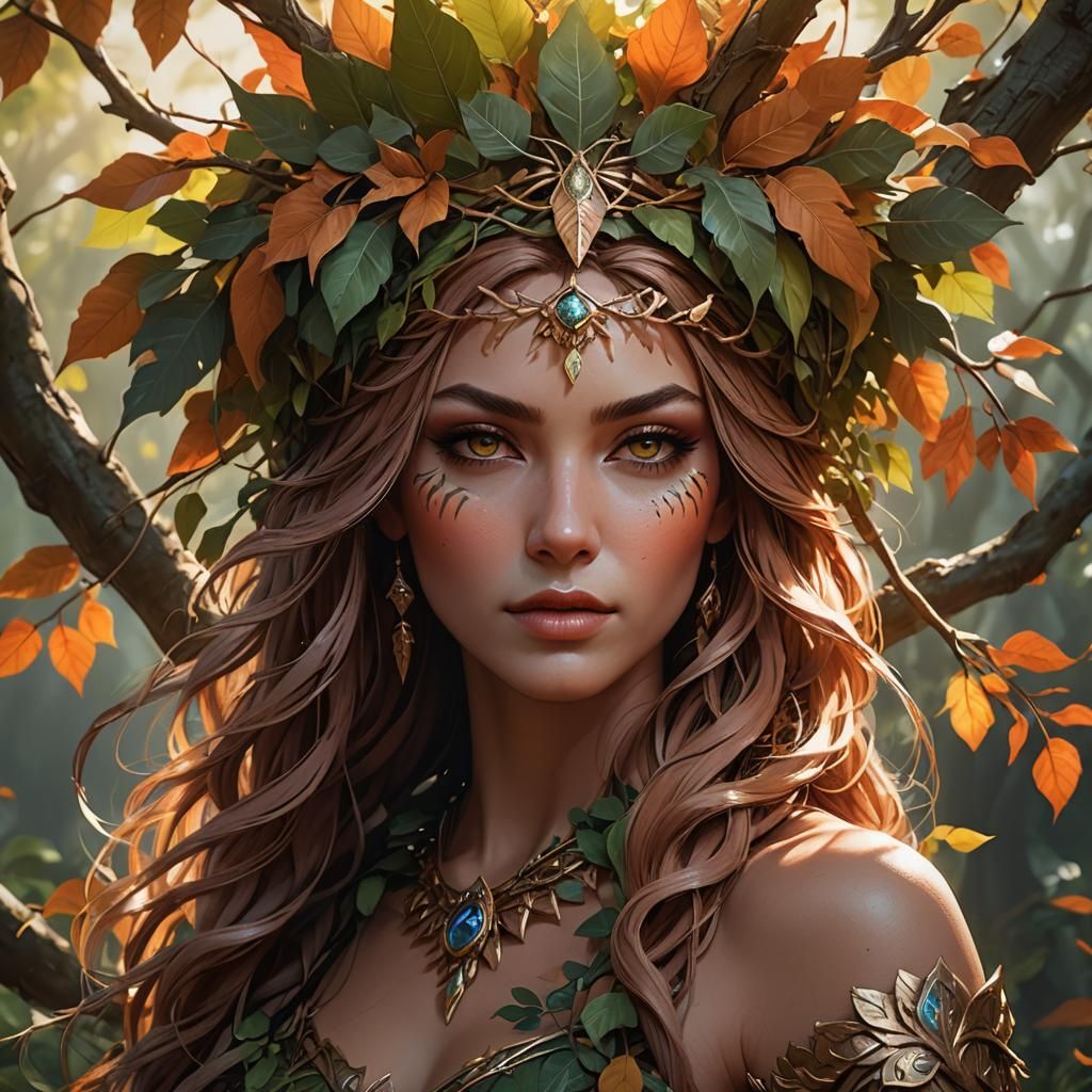 Tree Girl Portrait with Leaf Headdress