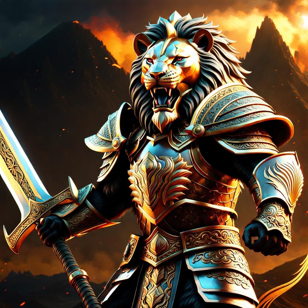 Lion Knight with Great Sword in Dark Fantasy Style