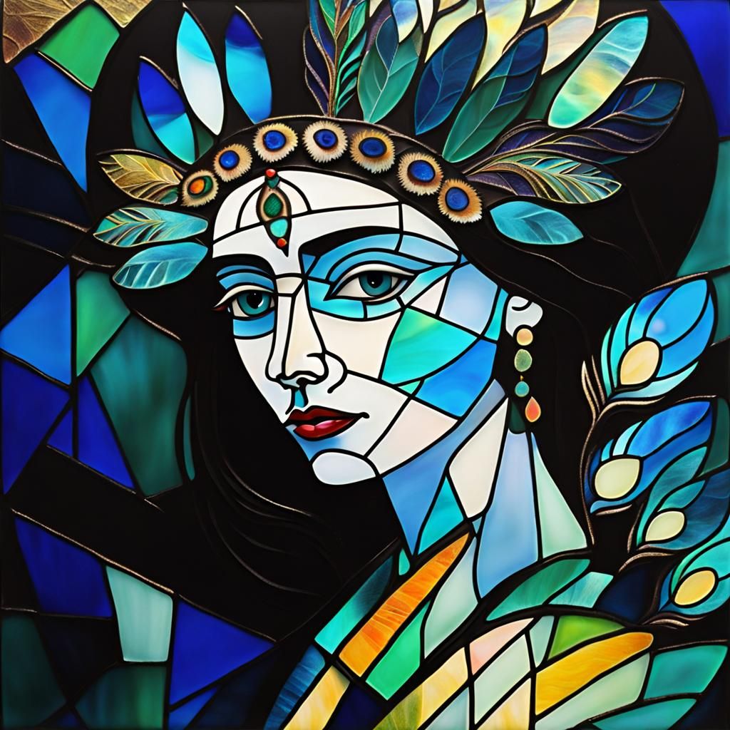 In the style of Dahli, Picasso stained glass,  geometric abs...