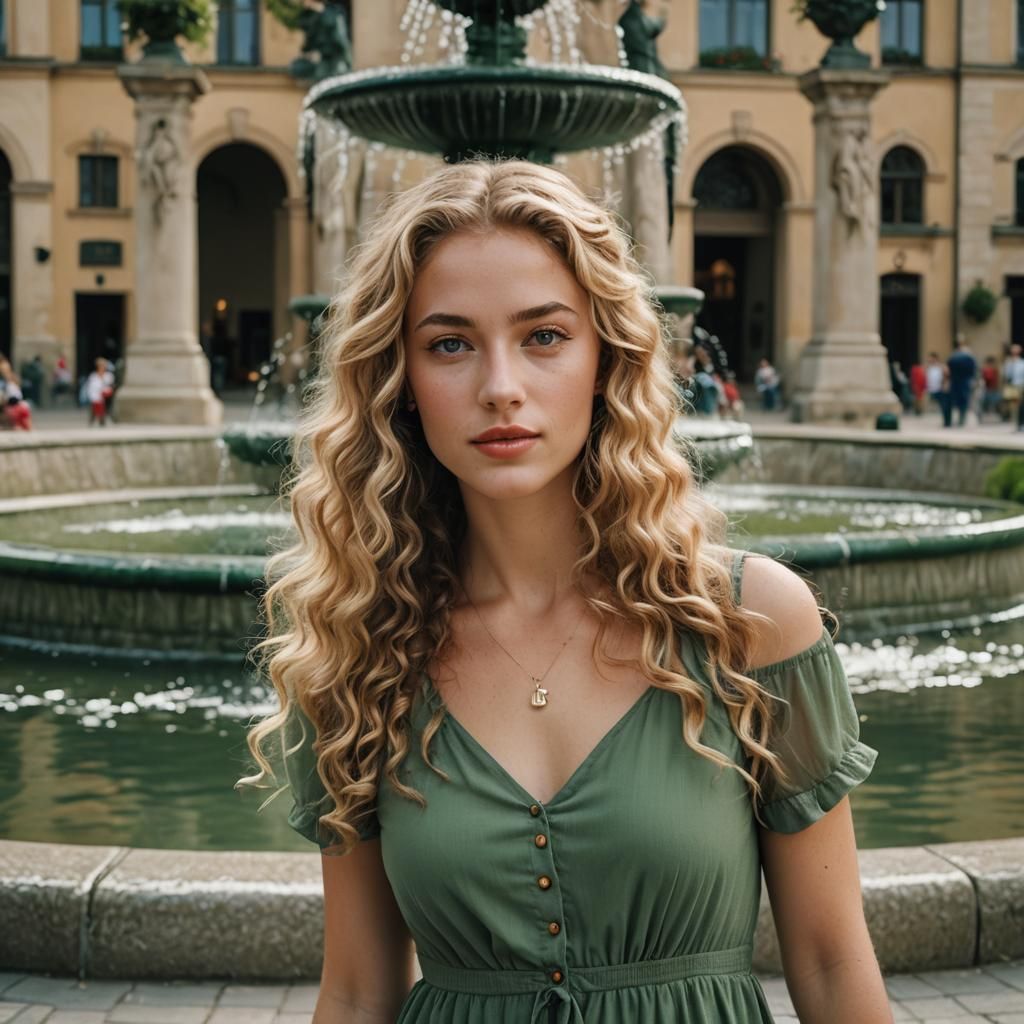 Young Woman Posing by Fountain, Cinematic Film Still