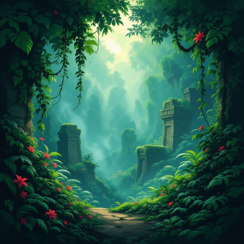 Mysterious Jungle With Ancient Ruins and Ethereal Glow